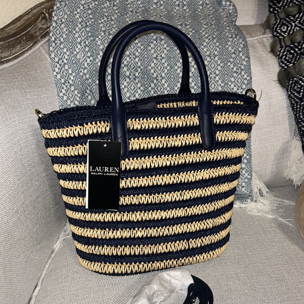 Lauren Ralph Lauren Striped Navy and Natural Woven Tote Bag
